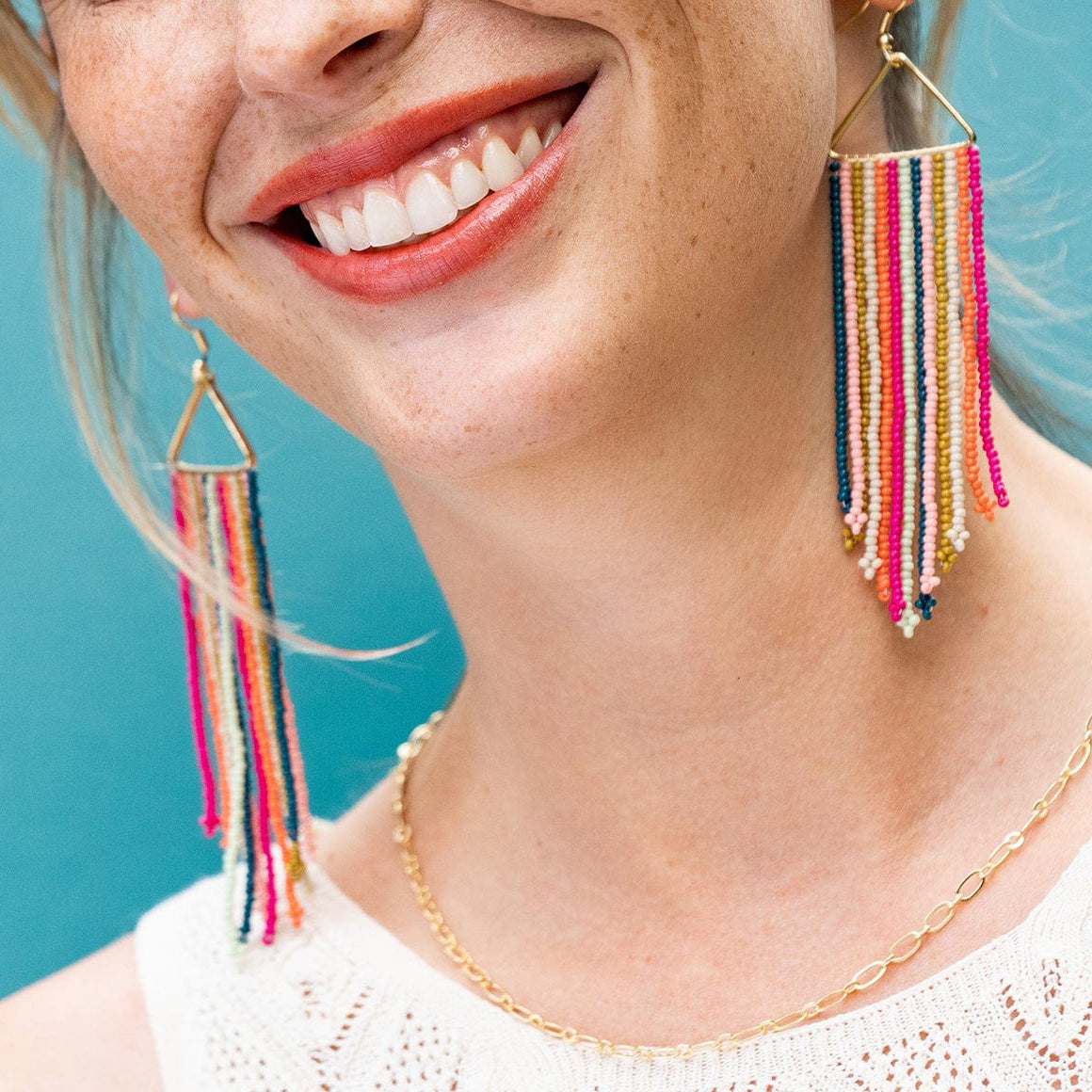 Beaded fringe semicircle hoop outlet earrings. Retro stripes asymmetrical fringe, statement earrings, gift for her. Black and pink metallic disco.