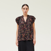 Grade & Gather - Printed Ruffle Sleeve Blouse - Black