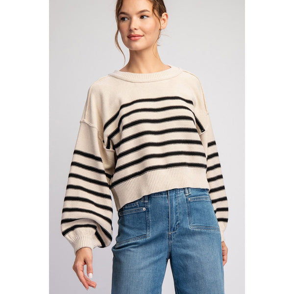 ee:some - Striped Cropped Sweater Top - Sand