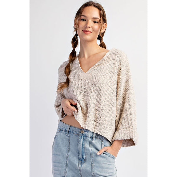 ee:some - Textured V-Neck Sweater Top - Oatmeal