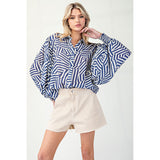 ee:some - Printed Bubble Sleeve Button Down Top - Navy