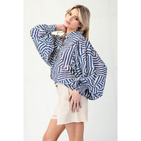 ee:some - Printed Bubble Sleeve Button Down Top - Navy