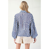 ee:some - Printed Bubble Sleeve Button Down Top - Navy