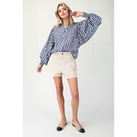 ee:some - Printed Bubble Sleeve Button Down Top - Navy