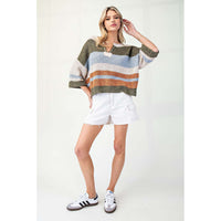 ee:some - Striped Notched Collar Top - Fern