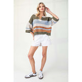 ee:some - Striped Notched Collar Top - Fern