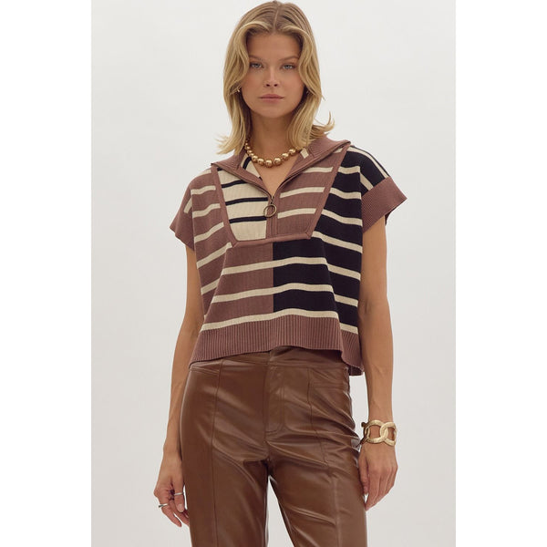 Entro - Striped Ribbed Color Block Top - Brown