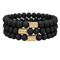 3 Row Metal Accent Wood Bead Bracelet - Black