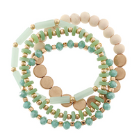 4 Row Wood & Disk Bracelet - Light Green/Worn Gold