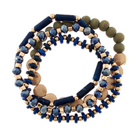 4 Row Wood & Disk Bracelet - Blue/Worn Gold