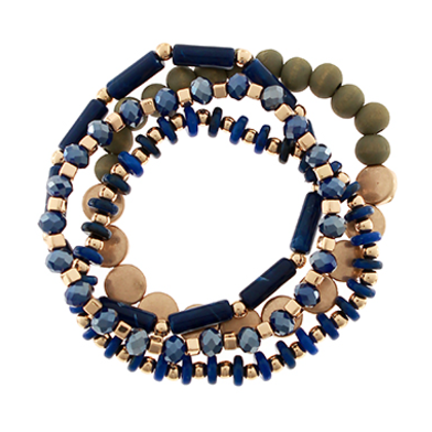 4 Row Wood & Disk Bracelet - Blue/Worn Gold