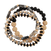 4 Row Wood & Disk Bracelet - Black/Gold