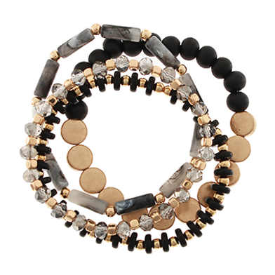 4 Row Wood & Disk Bracelet - Black/Gold