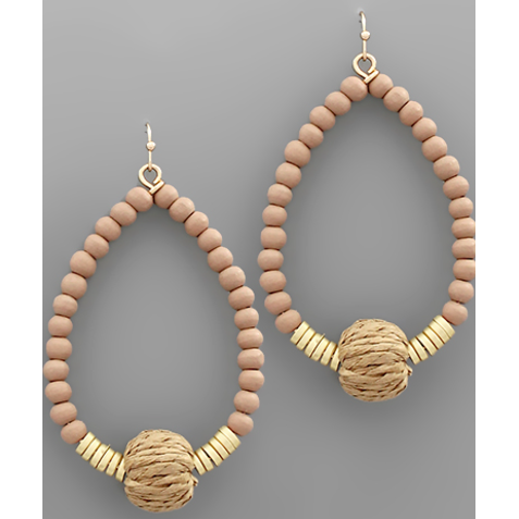 Rattan & Wood Ball Teardrop Earrings - Brown/Natural