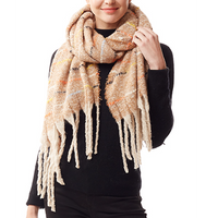 Stitch Accent Fringed Oblong Scarf - Beige