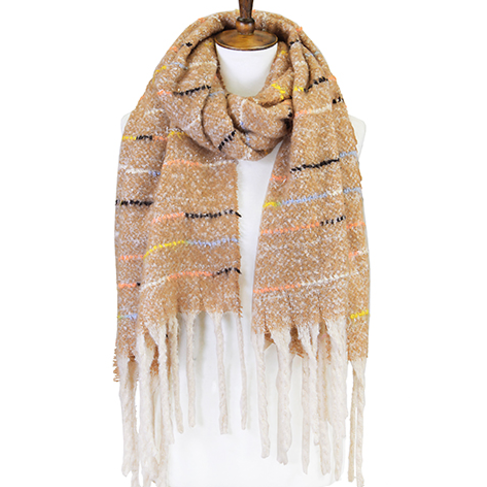 Stitch Accent Fringed Oblong Scarf - Beige