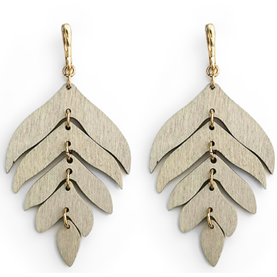 Wooden Leaf Dangle Earrings - Grey