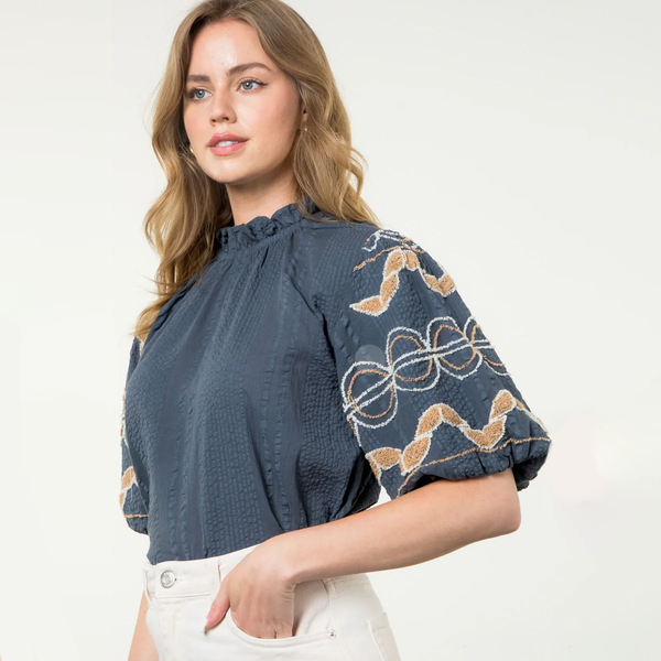 THML - Hand Embroidered Sleeve Top - Denim Blue