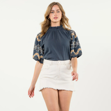 THML - Hand Embroidered Sleeve Top - Denim Blue