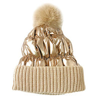 Metallic Beanie With Faux Fur - Gold