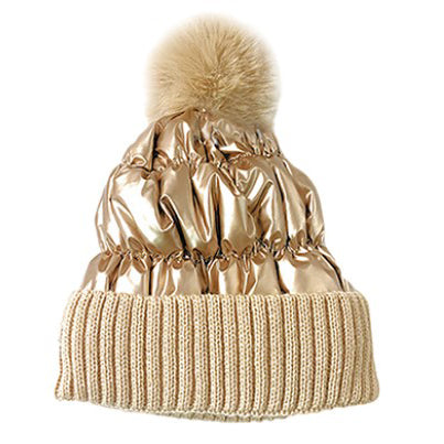 Metallic Beanie With Faux Fur - Gold