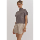 Entro - Knitted Mock Neck Cropped Top - Charcoal