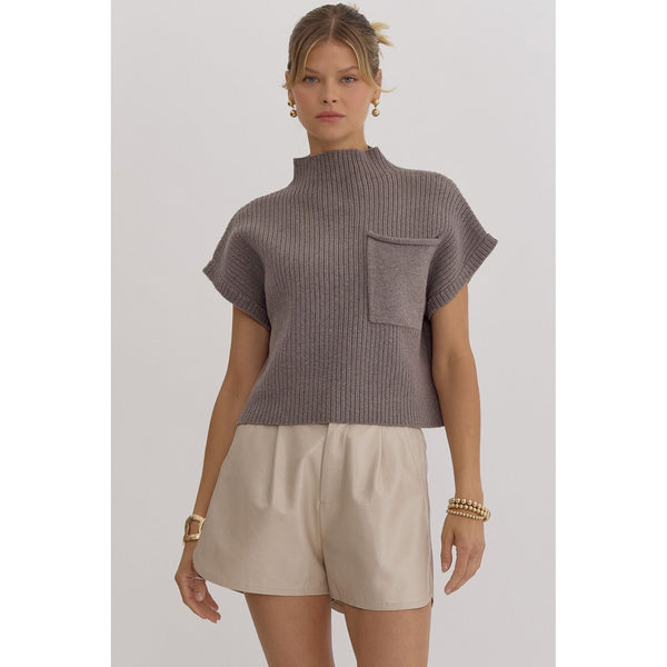 Entro - Knitted Mock Neck Cropped Top - Charcoal