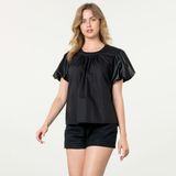 THML - Leather Puff Sleeve Poplin Top - Black