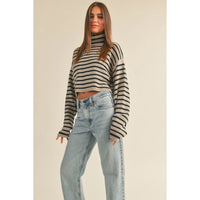 Miou Muse - Striped Turtle Neck Crop Sweater Top - Mocha/Black