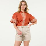 THML - Puff Sleeve Embroidered Detail Textured Top - Rust