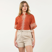 THML - Puff Sleeve Embroidered Detail Textured Top - Rust