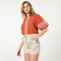 THML - Puff Sleeve Embroidered Detail Textured Top - Rust