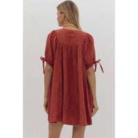 Entro - Solid Pleated Square Neck Mini Dress - Brick