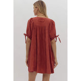 Entro - Solid Pleated Square Neck Mini Dress - Brick