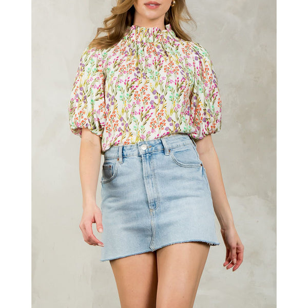 THML - Puff Sleeve Floral Top - White