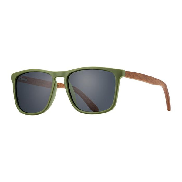 Blue Planet Eco-Eyewear - Cail - Matte Army Green / Walnut Wood + Smoke Polarized Lens